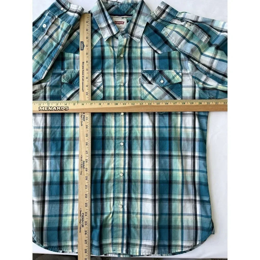 Levis Western Blue Green Plaid Pearl Snap Button Front Shirt Mens‎ M
